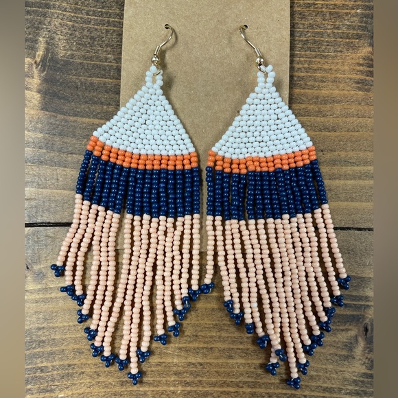 Multi Seed Bead Dangle Earrings - White/Navy/Peach - Picture 1 of 3